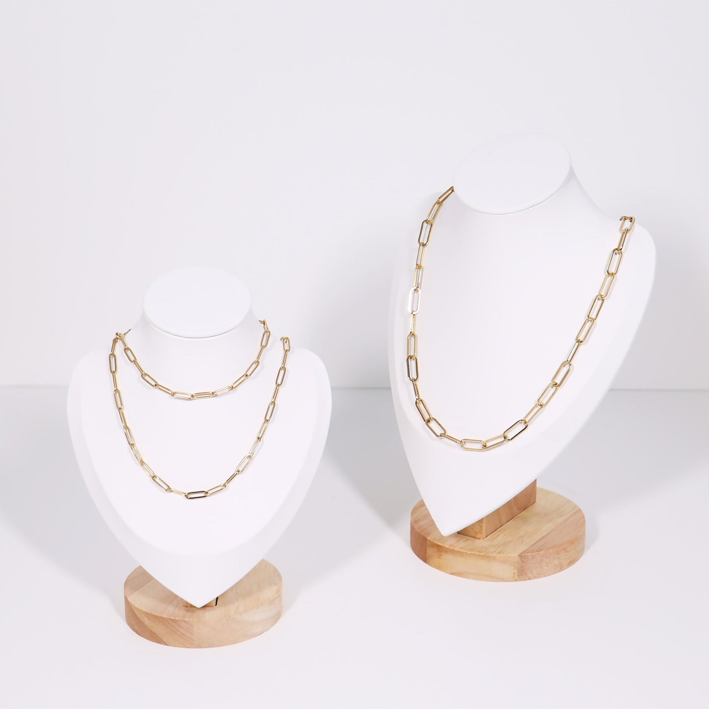 18K Gold PVD Stainless Steel Paperclip Chain Necklace On Necklace Display